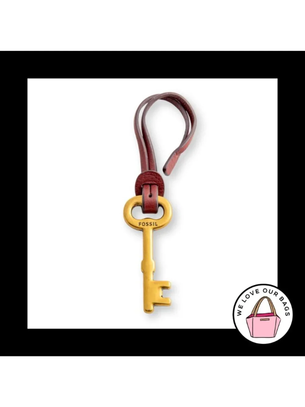 Y2K FOSSIL KEY Antique Gold Brass Burgundy Leather Strap Bag Charm Hang Tag Fob